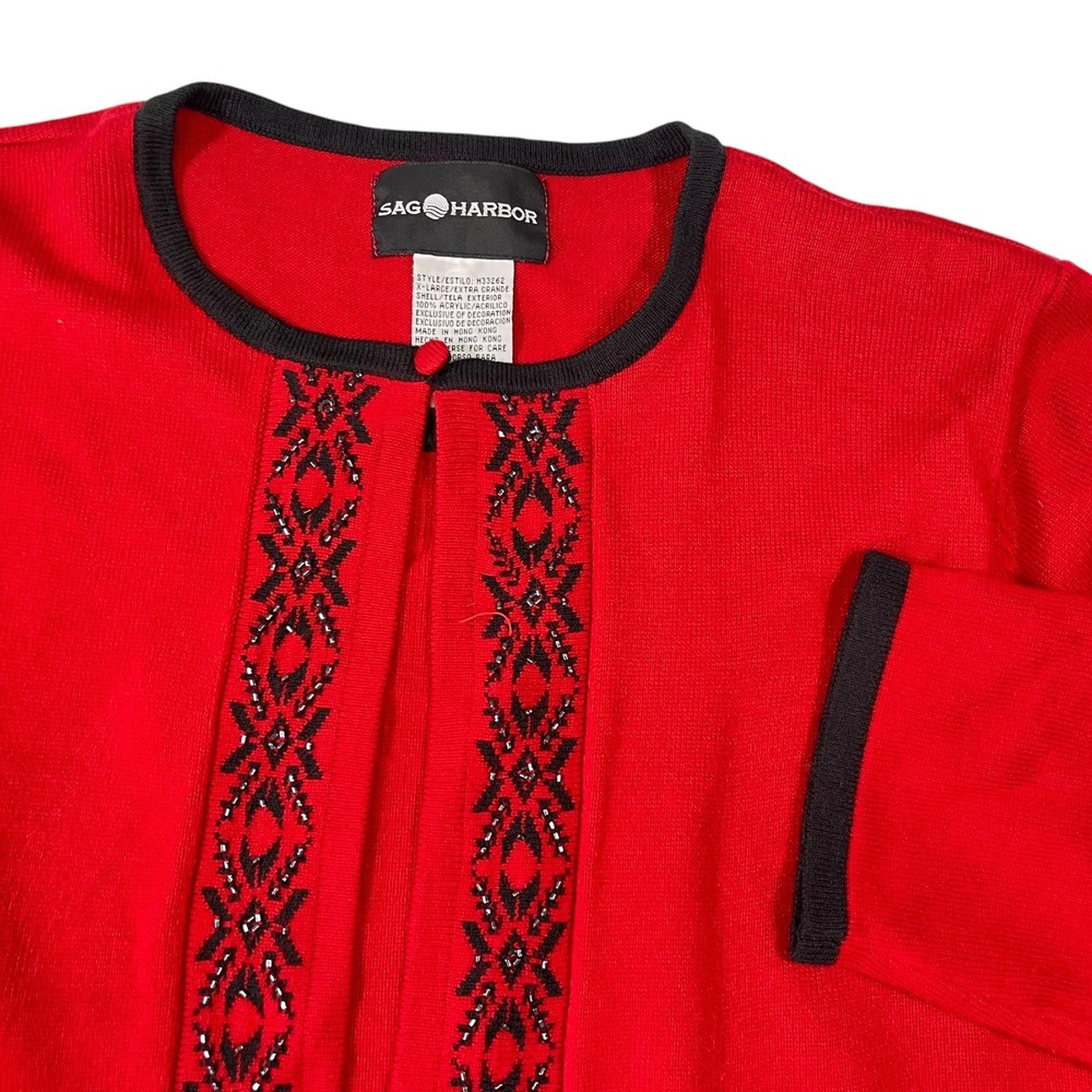 Sag Harbor XL Red Cardigan Beaded Embroidery Black‎ Trim Laganlook Classic